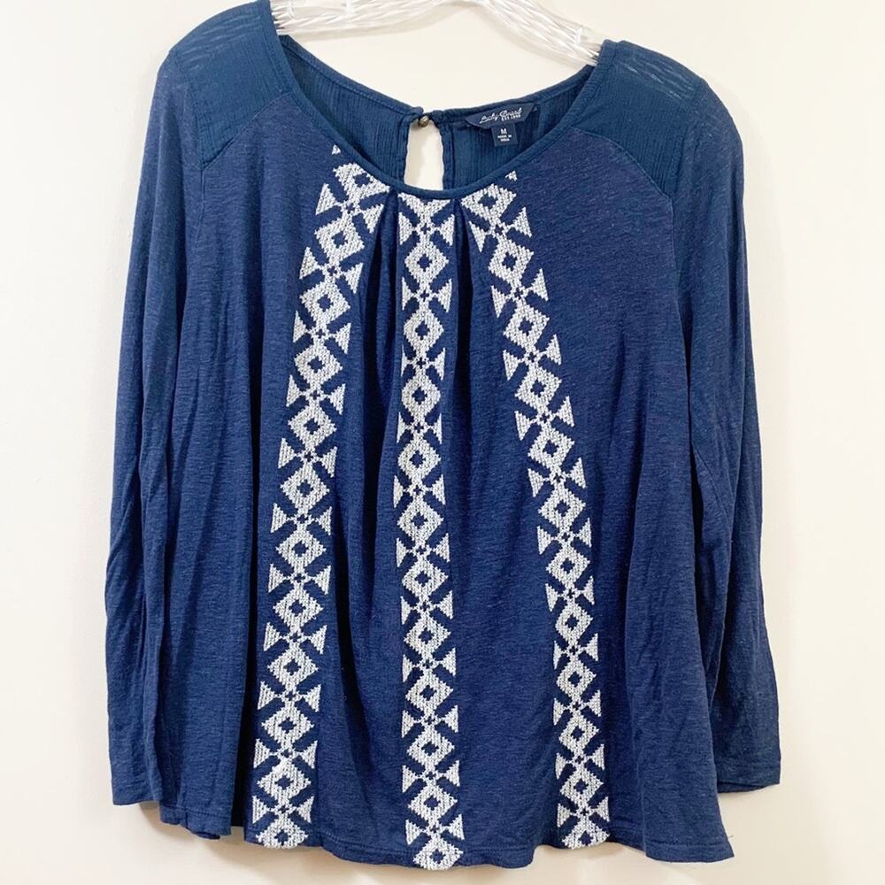 Lucky Brand Gauze Embroidered Navy/White Long Sleeve Top